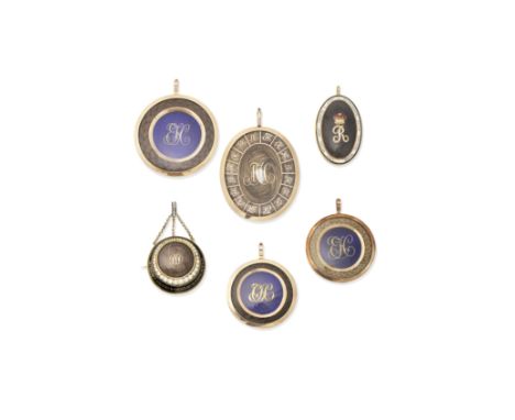 Collection of hairwork mourning jewellery, late 18th - 19th centuryComprising six hairwork pendants with enamel detailing, on