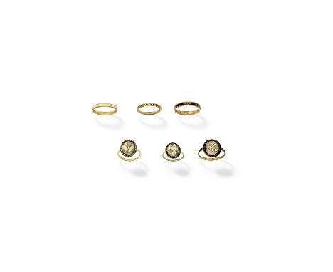 Collection of mourning rings, mid - late 18th centuryThree bands with black and white enamel dedications, two rings with glaz