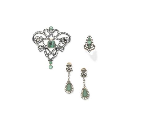 Emerald brooch, pendent earrings and ring1st: The scrolling foliate cartouche set with brilliant-cut diamonds, circular-cut a