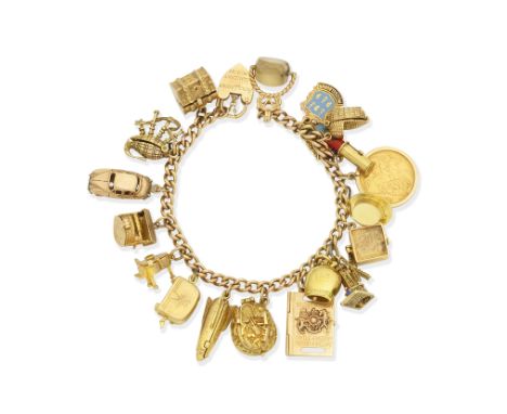 Charm braceletThe 9ct gold curb-link bracelet, with padlock clasp and safety chain, suspending nineteen charms, bracelet and 