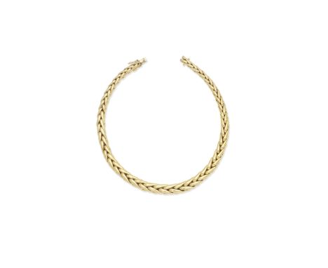 Fancy link necklaceComposed of graduated and polished 18 carat gold links, UK hallmarks, length 42.5cmFor further information