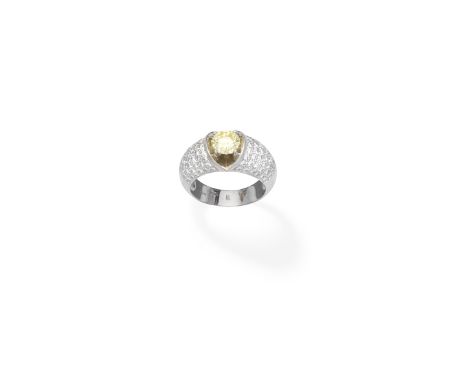 Fancy coloured diamond bombé ringThe brilliant-cut diamond between shoulders pavé-set with similarly-cut diamonds, principal 