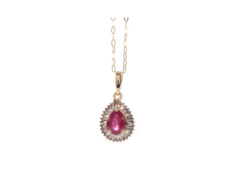 RUBY AND DIAMOND PENDANT, the pear shaped ruby within a baguette cut diamond halo, on a chain marked 375, 1.8g
