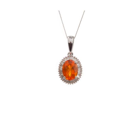 FIRE OPAL AND DIAMOND PENDANT, set with an oval fire opal of approximately 2.50 carats, within a tapered baguette cut diamond