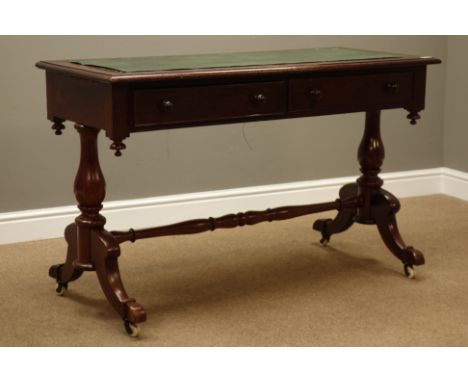 Victorian mahogany console table, inset rectangular moulded top, with two drawers, stretcher base, W123cm, H76cm, D53cm   Con