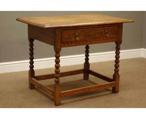 20th century light oak bobbin turned side table with single drawer, W91cm, H68cm, D57cm   Condition Report   Click here for f