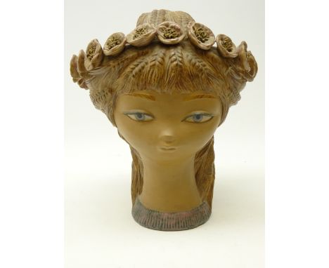 Large Lladro bisque basket, 'Bucolic', modelled as a young girl with wheatsheaf hair and handle, with applied poppy headdress
