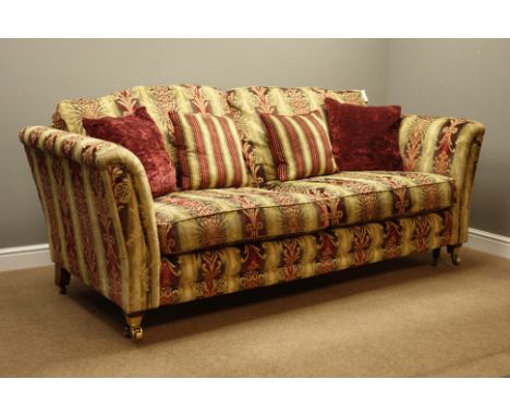 Large three seat sofa (W226cm, D103cm), two seat sofa (W186cm), and matching foot stool upholstered in striped and floral pat