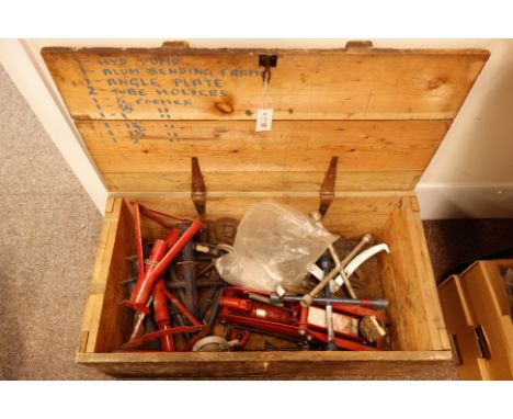 Car jack, axle stands, wheel spanner etc... in wood tool chest   Condition Report   Click here for further images, condition,
