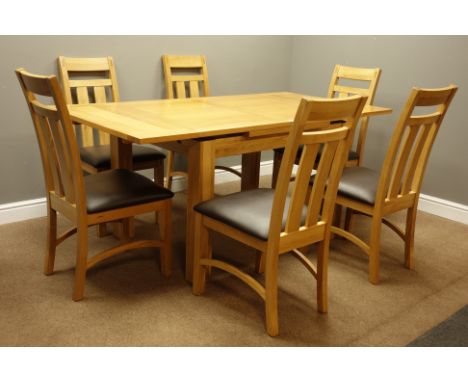 Light oak drawer leaf extending dining table (90cm x 120cm - 180cm, H78cm), and six matching chairs with upholstered seats   