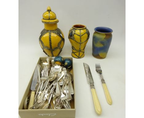 North African vase and lidded jar, pair Edwardian silver-plated knife and fork serving set, with carved beaded handles and en