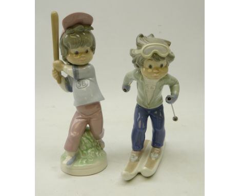 Two Lladro Sport-Billy figurines; 1978 - boy swinging a baseball bat and boy skiing (2)   Condition Report   Click here for f