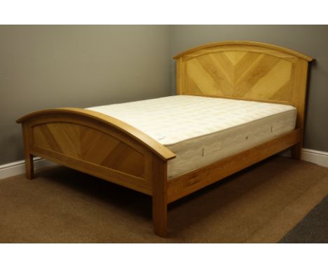 Light oak 5' kingsize bed, panelled head and footboard, with mattress    Condition Report   Click here for further images, co