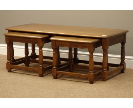 Ercol golden dawn finish elm rectangular nest of three tables, 115cm x 50cm, H41cm   Condition Report   Click here for furthe