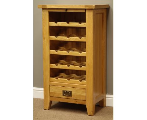 Light oak bottle stand with slide and drawer, W60cm, H106cm, D40cm   Condition Report   Click here for further images, condit