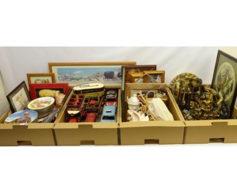 Tin model of an old fire engine and four similar vehicles, brass figures of miners, ceramic figure of a seated miner and othe