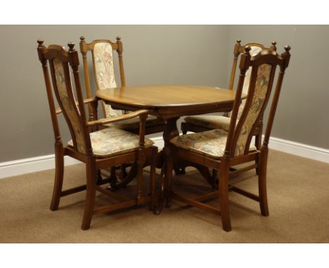 Ercol golden dawn elm extending dining table (90cm x 104cm - 149cm (extended)), and set four (3+1) high back chairs   Conditi