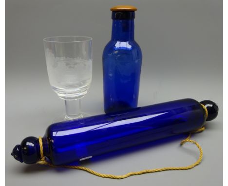 Thomas Webb Bristol blue glass rolling pin, L35cm, etched glass goblet, inscribed M. Lillie and a glass apothecary bottle wit