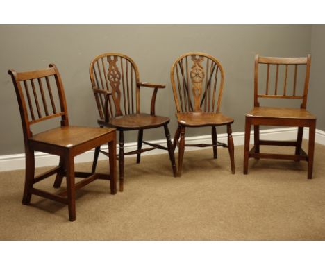 19th century wheel, stick and hoop back carved armchair with dished elm seat, a similar side chair and a pair country walnut 