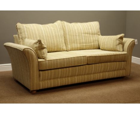 Duresta frame two seat sofa upholstered in pale gold striped fabric with scatter cushions, turned light beech feet, W182cm, D