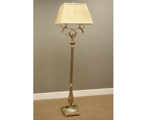 Burnished metal two branch standard lamp on reeded column and circular base with shade (This item is PAT tested - 5 day warra