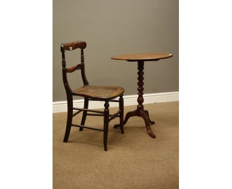 Victorian oval tilt top tripod table with bobbin turned column (54cm x 38cm, H68cm), and a Victorian cane seat side chair   C