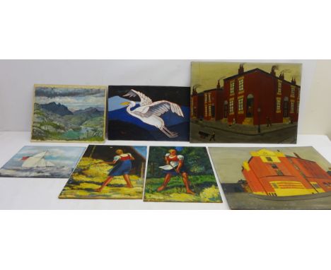 Collection of oils on board including Raking the Hay, signed E. D Johnson dated (19)'45, Bird in Flight, signed R. Brewer dat