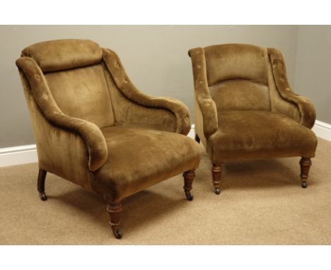 Late Victorian lady and gent's pair armchairs, walnut framed, down swept scrolled arms, turned feet with ceramic castors, W70