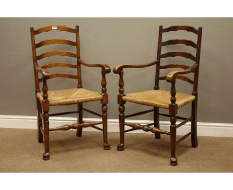 Pair 20th century oak ladder back dining chairs with rush seats   Condition Report   Click here for further images, condition