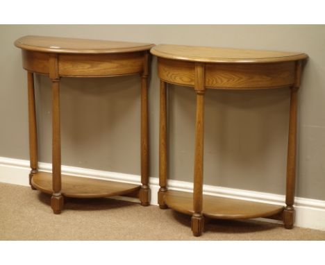 Pair Ercol golden dawn elm demi-lune hall tables, W65cm, H71cm, D33cm   Condition Report   Click here for further images, con