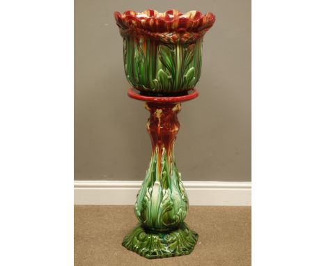 Victorian Ault ceramic jardiniere on stand, the bowl moulded with floral swags on naturalistic stand, H95cm x D38cm    Condit