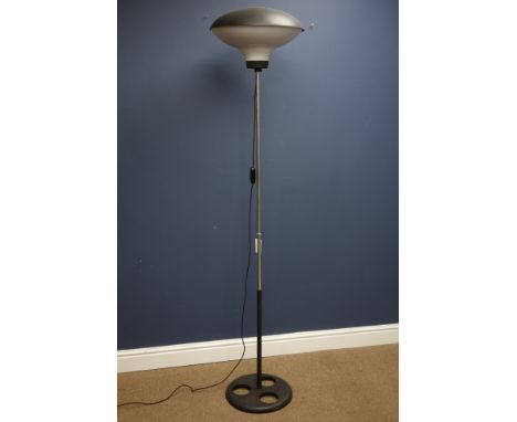 Retro chrome and black painted standard lamp with white plastic bud shaped shade, H178cm   Condition Report   Click here for 