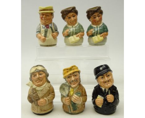 Six Royal Doulton 'The Doultonville Collection' toby jugs, Captain Prop, Fred Fly, Sgt. Peeler, two Mrs Loan and Mr Brisket, 