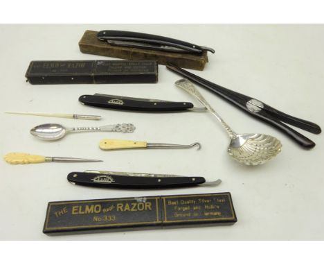 Victorian mother-of-pearl dip pen with silver mount, missing nib, two bone handled button hooks, silver mounted ebony glove s