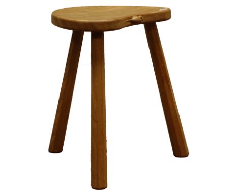 'Mouseman' three legged oak stool with dished and adzed kidney shaped top, W37cm, H45cm   Condition Report   Click here for f