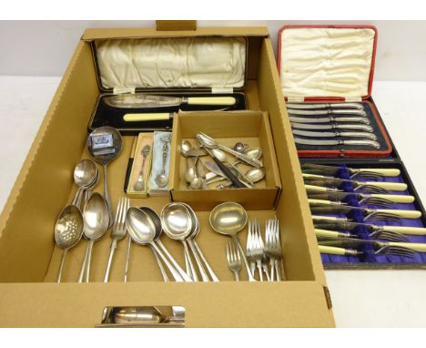 Georgian Bilston enamel patch box, cased set of silver handled butter knives, filigree decorated pickle fork & spoon stamped 