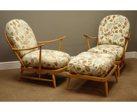 Ercol 'Windsor' light beech finish four piece lounge suit, three seat settee (W174cm), pair 'Windsor' easy armchairs (W72cm),