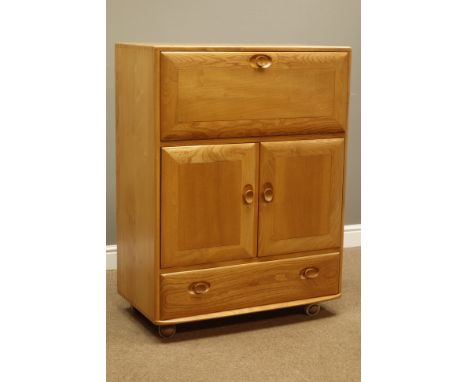 Ercol light finish elm bureau/desk, fall front above double cupboard and drawer, W83cm, H109cm, D44cm   Condition Report   Cl