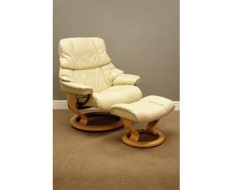 Ekornes Stressless 'Ruby Classic' reclining armchair with matching footstool upholstered in cream leather, light wood framed 