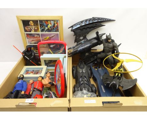 Batman, Action Man, Captain Scarlet & other Action figures, vehicles etc, two Thunderbirds wall clocks & framed prints    Con