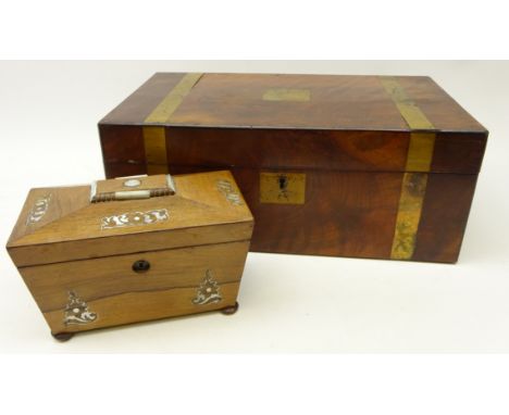 William IV rosewood sarcophagus shaped tea caddy, twin division, with mother-of-pearl inlay and bun feet, L20cm and a Victori