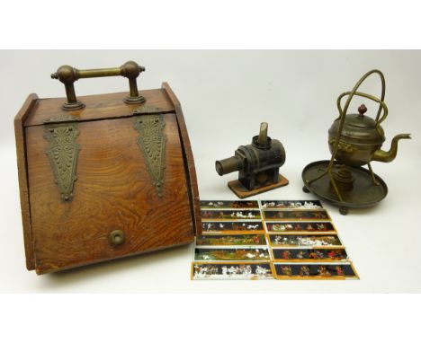 Elm fall front coal box, brass Gypsy kettle & a Victorian magic lantern slide with eleven coloured slides     Condition Repor