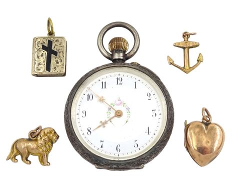 Gold lion, anchor and heart locket charms, all hallmarked 9ct, gilt and enamel cross mourning locket, and a Victorian silver 