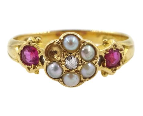 Early 20th century diamond and split pearl cluster ring, with a single ruby set either side, hallmarked 18ct, maker's mark S.