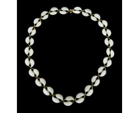 Norwegian silver-gilt and white enamel leaf link necklace by David Andersen, each link stamped