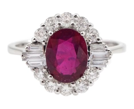 18ct white gold oval ruby, round and tapered baguette diamond ring, stamped 750, ruby 1.86 carat, total diamond weight 0.49 c