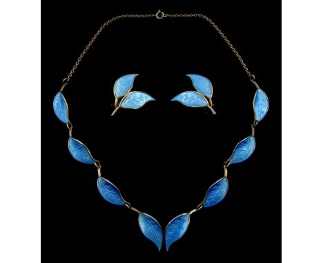 Norwegian silver and blue enamel leaf necklace by David Andersen, with matching pair of clip on earrings, all stamped