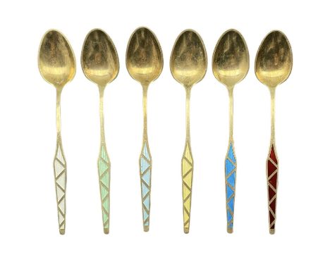 Set of six Danish silver gilt coffee spoons with geometric coloured enamel stems