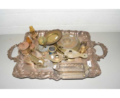 Mixed Lot: Large silver plated serving tray, various miniature oil lamps and other items