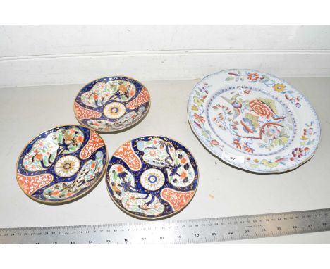 Three 19th Century English Imari patterned saucers together with a further Masons plate (4)